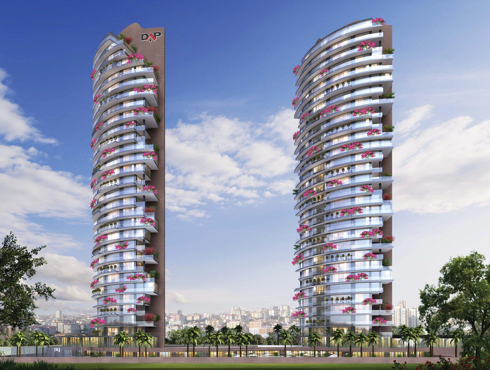 Апартаменты с террасами в высотной резиденции с бассейном и панорамным видом, рядом со станцией метро, Стамбул, Турция